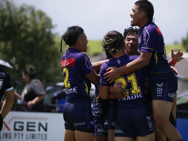 Melbourne celebrates a try. Picture: Warren Gannon Photography