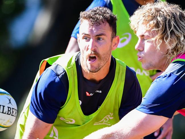 The Qantas Wallabies train at Wests Bulldogs Rugby Union Club, Brisbane. Nic White and Ned Hanigan. Photo: Rugby AU Media/Stuart Walmsley