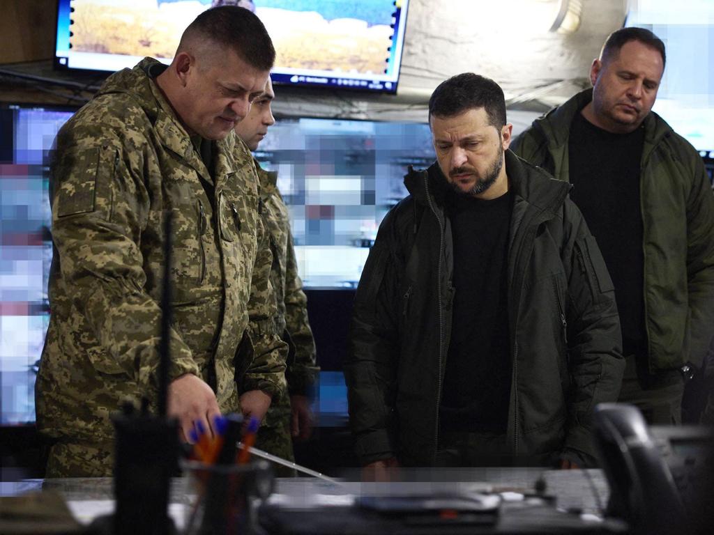 Ukraine’s President Volodymyr Zelenskyy visiting the 25th Separate Airborne Brigade in Pokrovsk, Donetsk region. Picture: AFP