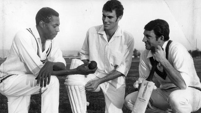 Glenelg and Australian cricket legends Greg Chappell (middle) and Ian Chappell (right) with West Indies great Lance Gibbs in 1969-70 when they all played for the Seahorses.