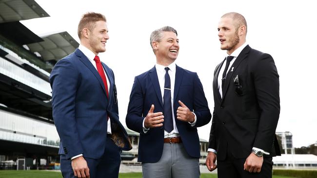 Sydney Spring Carnival Ambassadors South Sydney Rabbitohs players Tom and George Burgess with former NRL player Luke Ricketson, at Royal Randwick Racecourse. Picture: Tim Hunter