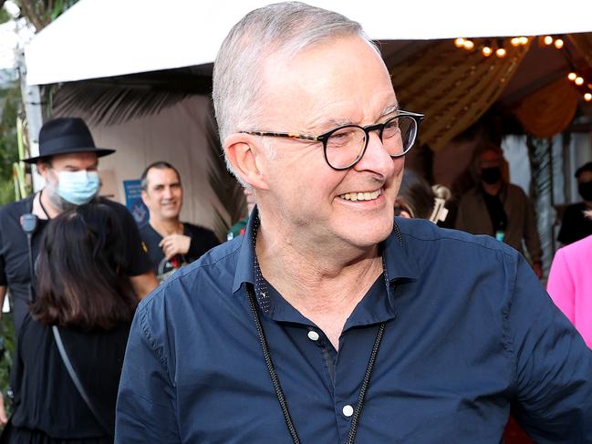 FEDERAL ELECTION TEAM 2022. LABOR BUS TOUR 17/4/2022 - Labor leader Anthony Albanese and partner Jodie Haydon attend Bluesfest in Byron Bay, New South Wales on day 6 of the federal election campaign. Picture: Toby Zerna