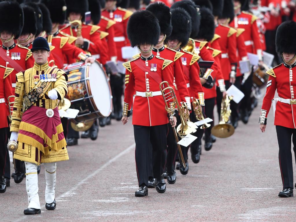 Ceremonial soldiers march during the Trooping of the Colour Queen's birthday parade, in central London. Picture: EPA