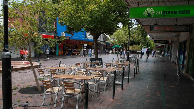 Eastwood, in Sydney, today. Numbers are down in Eastwood because of people’s fear of the coronavirus. Picture: Justin Lloyd