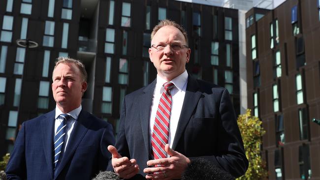 Housing Minister Roger Jaensch speaks about Hobart's housing crisis alongside Premier Will Hodgman. Picture: LUKE BOWDEN