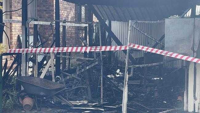 The fire caused damage to a carport. Picture: Aaron Goodwin