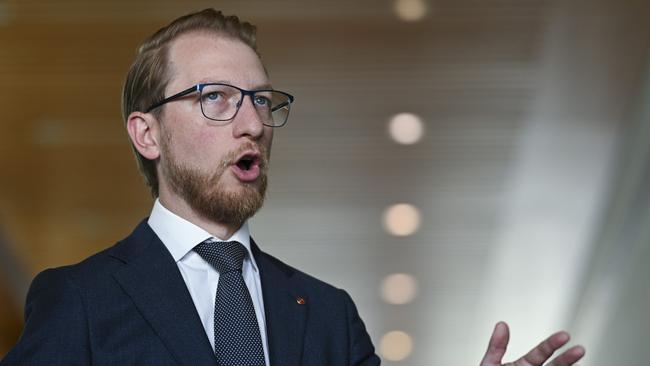 Senator James Paterson holds a press conference. Picture: Martin Ollman