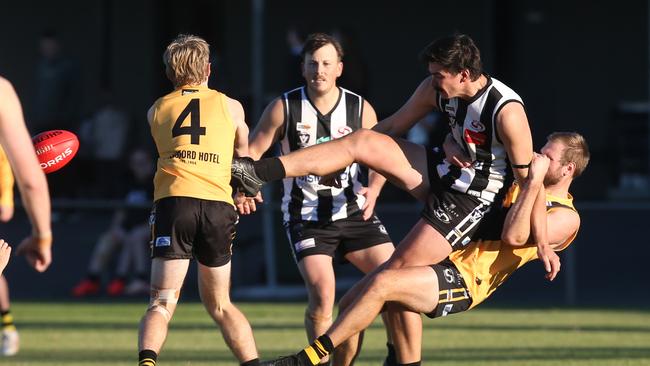 Bannockburn's North Geelong's Thomas Davis is tackled. GDFNL North Geelong v Bannockburn. Picture: Alan Barber