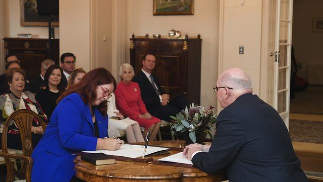 Governor-General Sir Peter Cosgrove swears in Minister for Defence Industry Melissa Price last month. Picture: AAP