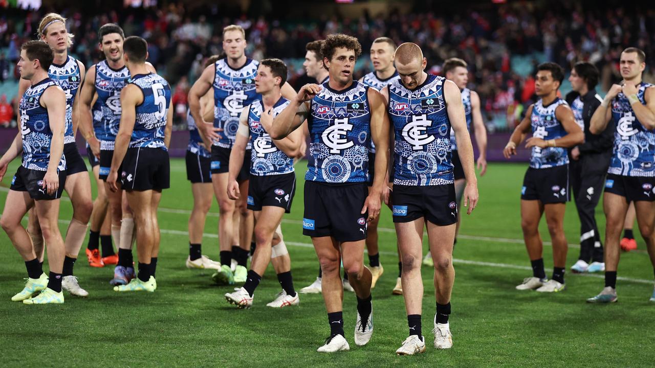 Blues players looks dejected after the loss to the Sydney Swans. Picture: Matt King/AFL Photos/via Getty Images