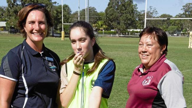 Andrea Weaven - Outdoor Education Coordinator, Jessica Davies - new referee and Marilyn McKenna - Leading CMO of the Sugar Coast Referees Association at the Karyn Murphy Cup. Picture: Brendan Bowers