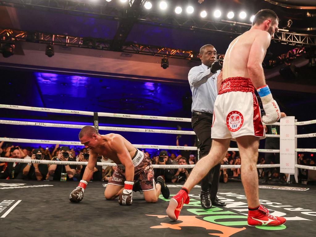 ORLANDO, FLORIDA - OCTOBER 19: Bakhram Murtazaliev walks to the corner after knocking down Tim Tszyu at Caribe Royale Orlando on October 19, 2024 in Orlando, Florida. Alex Menendez/Getty Images/AFP (Photo by Alex Menendez / GETTY IMAGES NORTH AMERICA / Getty Images via AFP)