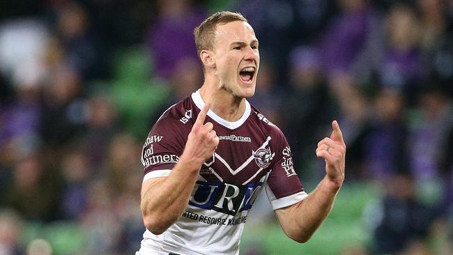 Daly Cherry-Evans celebrates after kicking the winning field goal for Manly. Picture: AAP