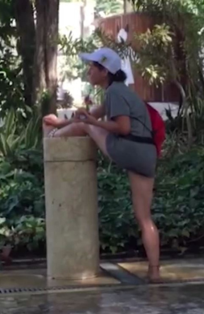 Tourist Jason Wills filmed a woman using a communal drinking fountain to shave her legs.