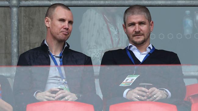 Newcastle Jets coach Carl Robinson, right, with assistant coach Kenny Miller. Picture: Getty Images
