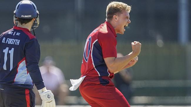 Jack Prestwidge celebrates the wicket of Brett Forsyth. Picture: Valeriu Campan