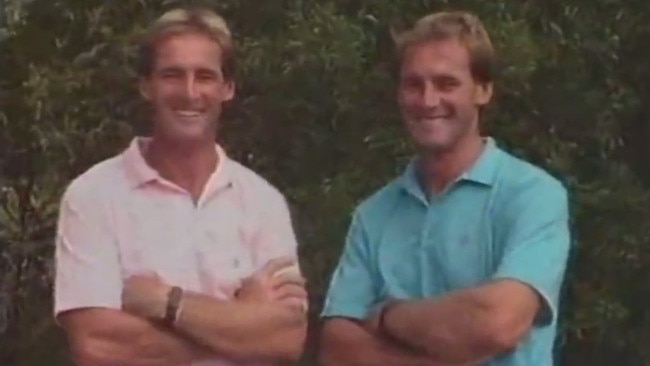 Chris Dawson (green shirt) and his twin brother Paul Dawson when they were featured on a TV current affairs segment about the 19 sets of twins among students and staff at a Gold Coast high school.