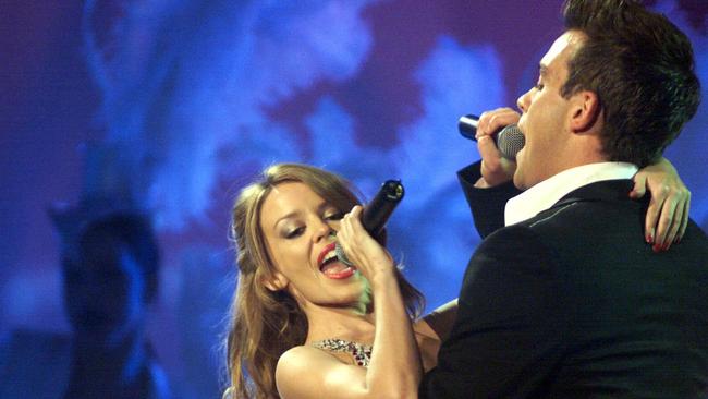 Robbie Williams and Kylie Minogue performed together in 2000. Picture: AP Photo/Jonas Ekstromer