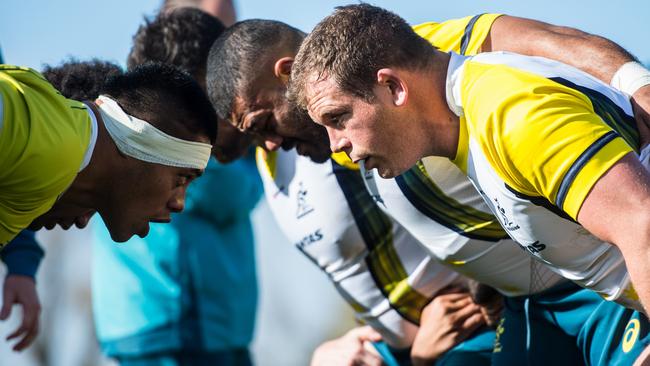 The Qantas Wallabies train at Gosch's Paddock in Melbourne ahead of the first June test against Fiji. Allan Alaalatoa packs down against Toby Smith.