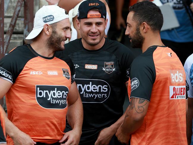 Wests Tigers train ahead of their round 1 game against Manly. L-R Robbie Farah, Josh Reynolds and Benji Marshall. Reynolds has been dropped to reserve grade after Benji secured the no.6 jersey. Picture: Toby Zerna