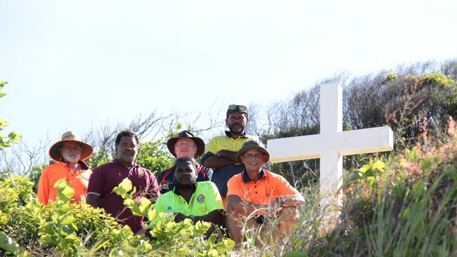 Lockhart River Aboriginal Shire Council has erected a memorial on the one year anniversary of a plane crash which tragically killed five men. L to R: Carpenter Phil Watts, mayor Wayne Butcher, carpenter Christopher Johnson, CEO David Clarke, trade assistant Ronnie Getawan, and building services director Regis Edmond. Picture: Christine Howes.