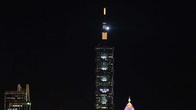 The Taipei 101 skyscraper displays a welcome message ahead of Nancy Pelosi's arrival. Picture: Getty Images.