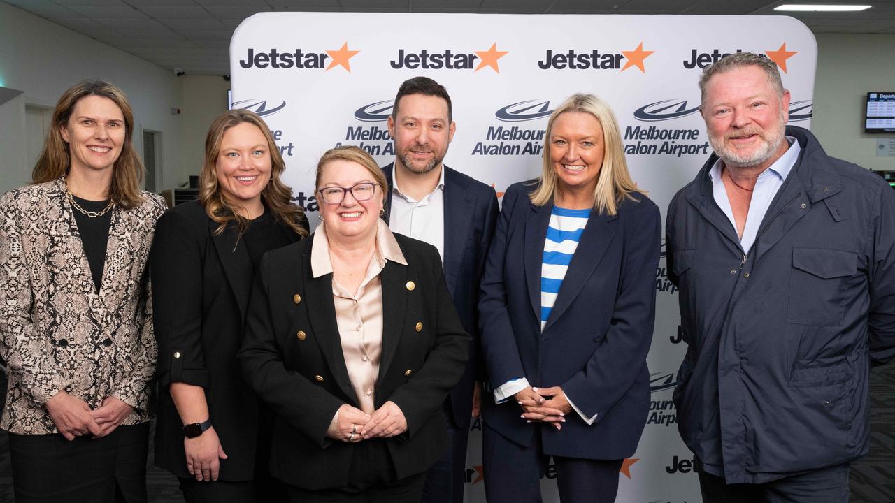 Ali Wastie, Ella George, Natalie Hutchins, Avalon Airport acting CEO Ari Suss, Jetstar CEO Stephanie Tully and David Fox were all smiles at the launch. Picture: Brad Fleet.