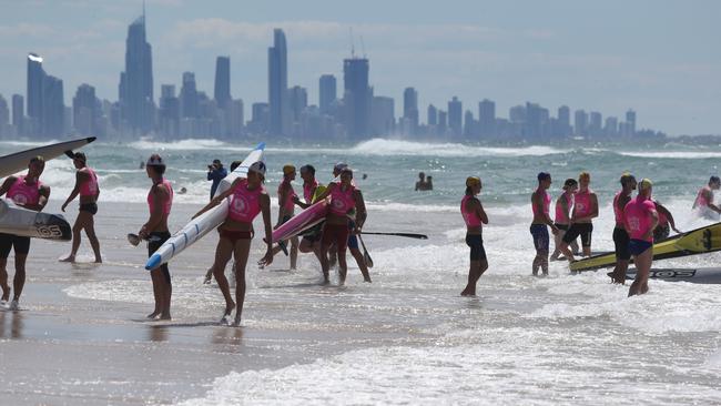 Competitors taking part in the final day of the Queensland State Surf Life Saving Championships at Tugun beach. (media person Cloe Maxwell PH 0419201246). Pic Mike Batterham