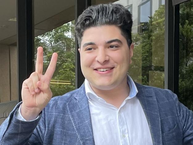 Drew Pavlou  and his barrister Anthony (Tony) Morris outside Parramatta Local Court on March 14, 2023 after his fail to move-on charge was dismissed following a protest at Eastwood in 2022.