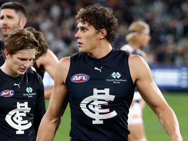 Charlie Curnow’s moves let him down against the Cats on Saturday night. Picture: Michael Willson/AFL Photos via Getty Images.