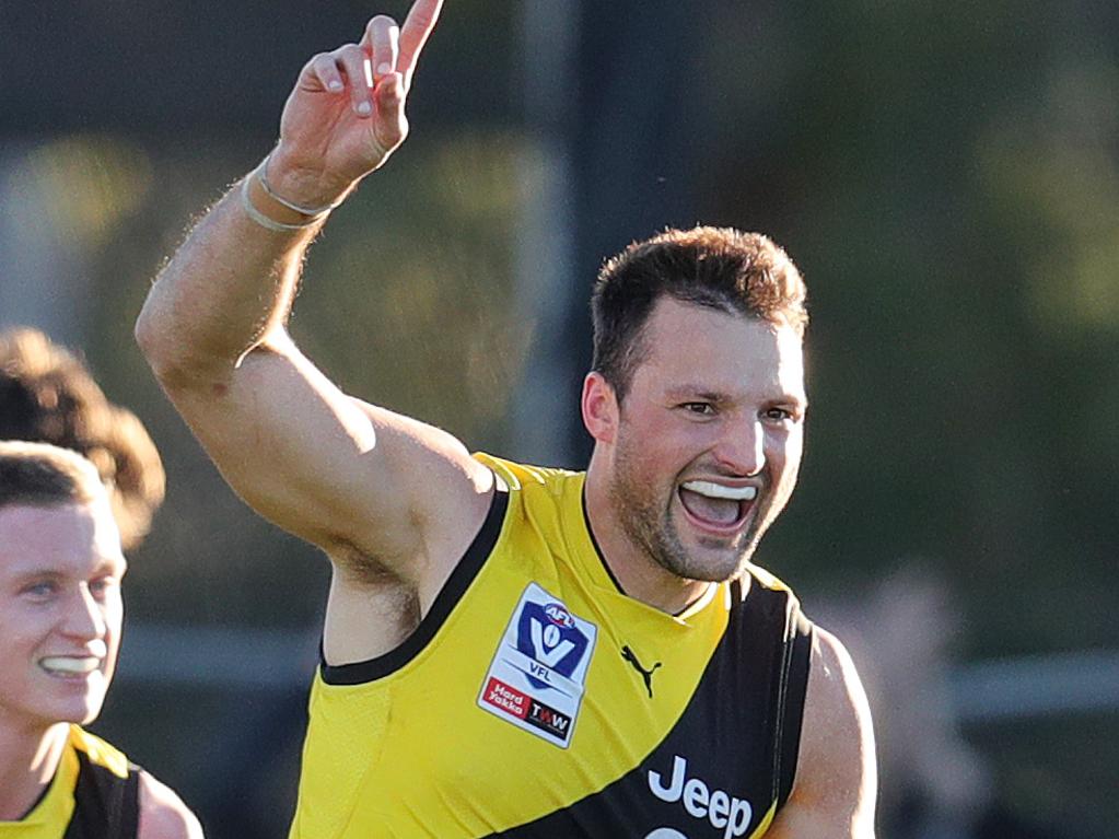 VFL first qualifying final.  Richmond v Essendon at Punt Rd Oval. 31/08/2019 .   Richmonds Toby Nankervis celebrates after kicking a late goal giving the tigers a 2 point lead and win    . Pic: Michael Klein.