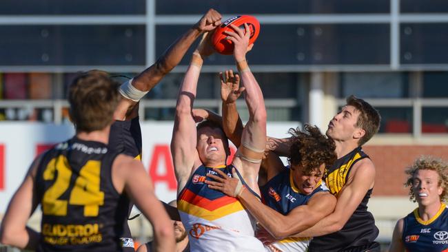 Adelaide's Reilly O'Brien marks strongly in an SANFL clash against Glenelg in May 2018. Picture: AAP Image/Brenton Edwards