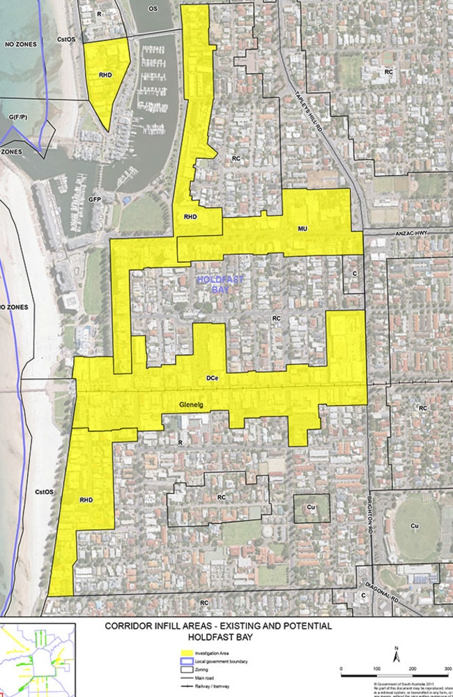 Map of the Holdfast Bay local government area. Yellow shows where the proposed high-rise buildings would go.