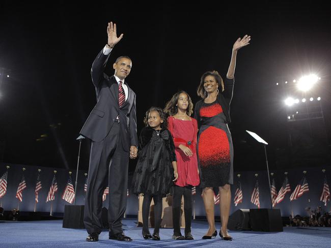 The Obamas pictured in 2008 during an election-night rally. Picture: Jae C. Hong/AP Photo