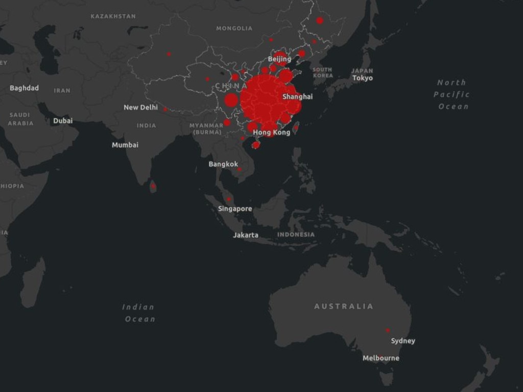 The spread of coronavirus. Picture: Johns Hopkins CSSE