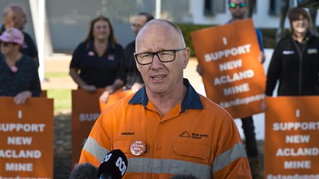 New Hope COO Andrew Boyd addresses media in relation to New Acland stage three lack of approvals, Wednesday, June 17, 2020. Picture: Kevin Farmer