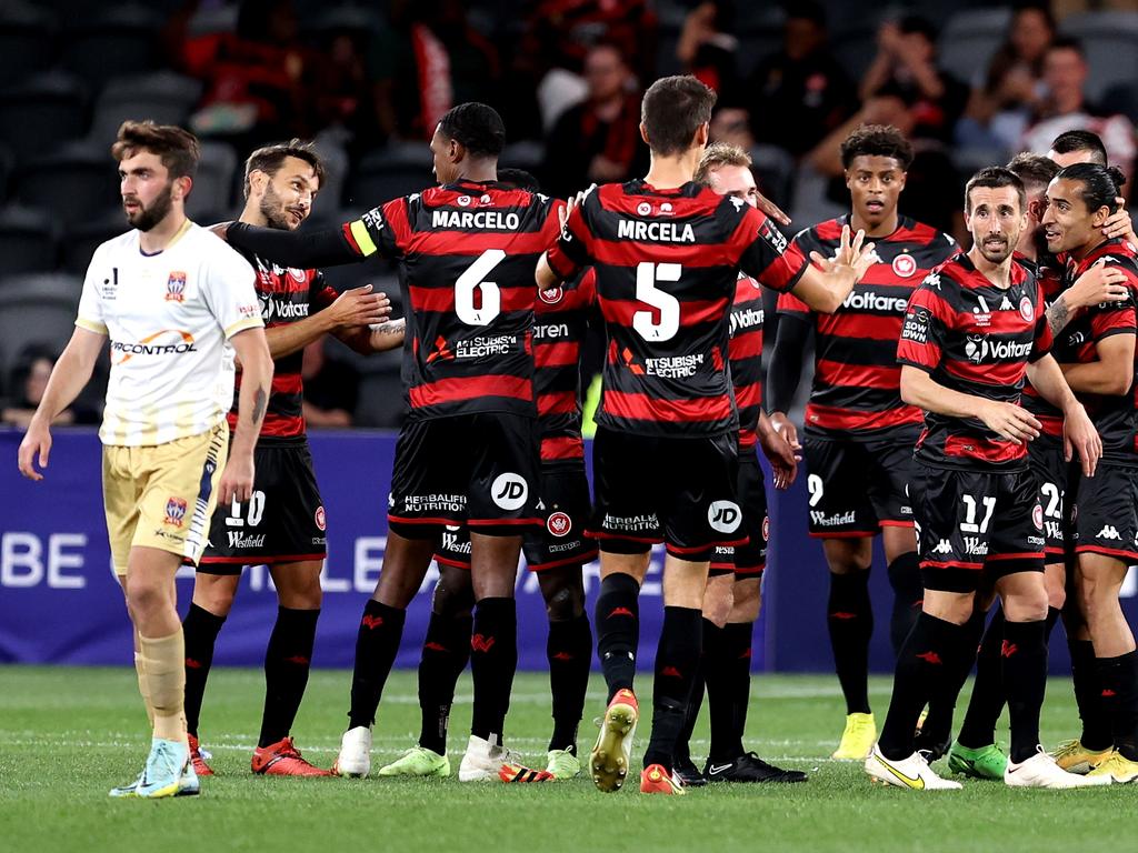 Wanderers players celebrate Brandon Borrello’s goal against Newcastle. Picture: Brendon Thorne/Getty Images