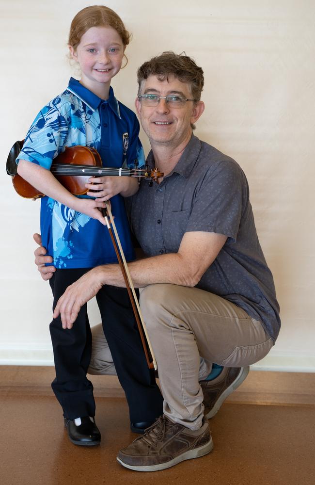 Congratulations Mya Bray, who won first place for her string solo (8 years and under) at the Gympie Eisteddfod. Pictured with her dad, Jason Bray. August 1, 2023. Picture: Christine Schindler