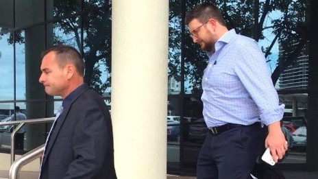 James Mark Hatch's barrister Nick Brown (right) leaving Maroochydore District court on Thursday with his instructing solicitor. Picture: Laura Pettigrew.