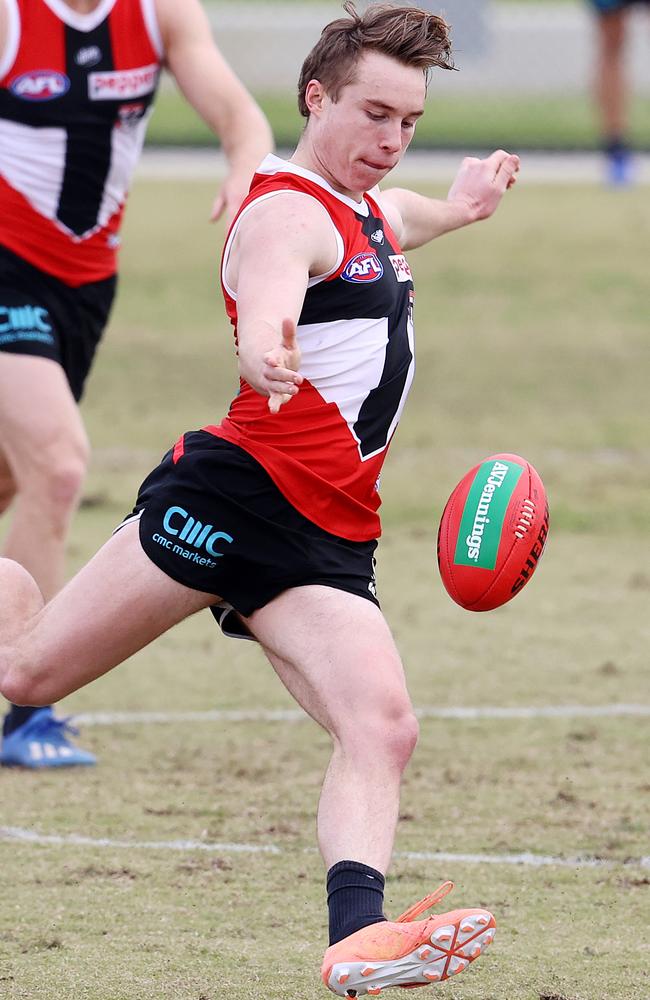 Ryan Byrnes takes a kick at St Kilda training.