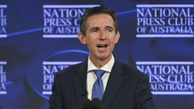 Opposition foreign affairs spokesman Simon Birmingham addresses the National Press Club in Canberra. Picture: Martin Ollman/NewsWire