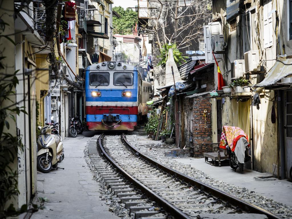 The train street in Hanoi, Vietnam.