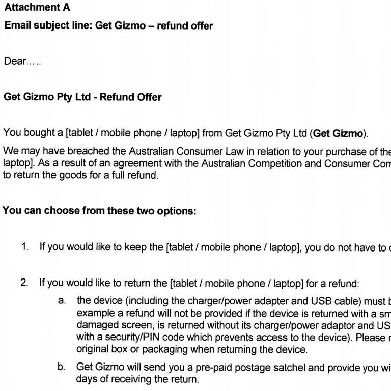 An excerpted example of the letter Get Gizmo will have to send to the affected customers.