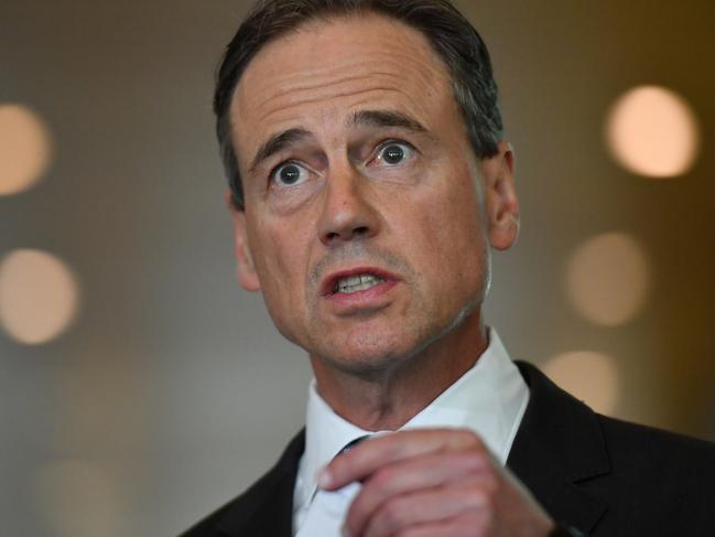 CANBERRA, AUSTRALIA - FEBRUARY 24: Minister for Health Greg Hunt reacts during a press conference at Parliament House on February 24, 2021 in Canberra, Australia. Two elderly people in Queensland were given an incorrect dose of the Pfizer vaccine, Federal Health Minister Greg Hunt has confirmed. The doctor who administered the doses has been stood down from the vaccine rollout programme. (Photo by Sam Mooy/Getty Images)