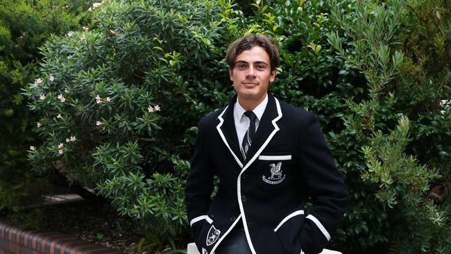 Year 12 student Leo Grippi outside Newington College as parents campaign against the school’s controversial decision to go co-ed. Picture: NCA NewsWire / Gaye Gerard