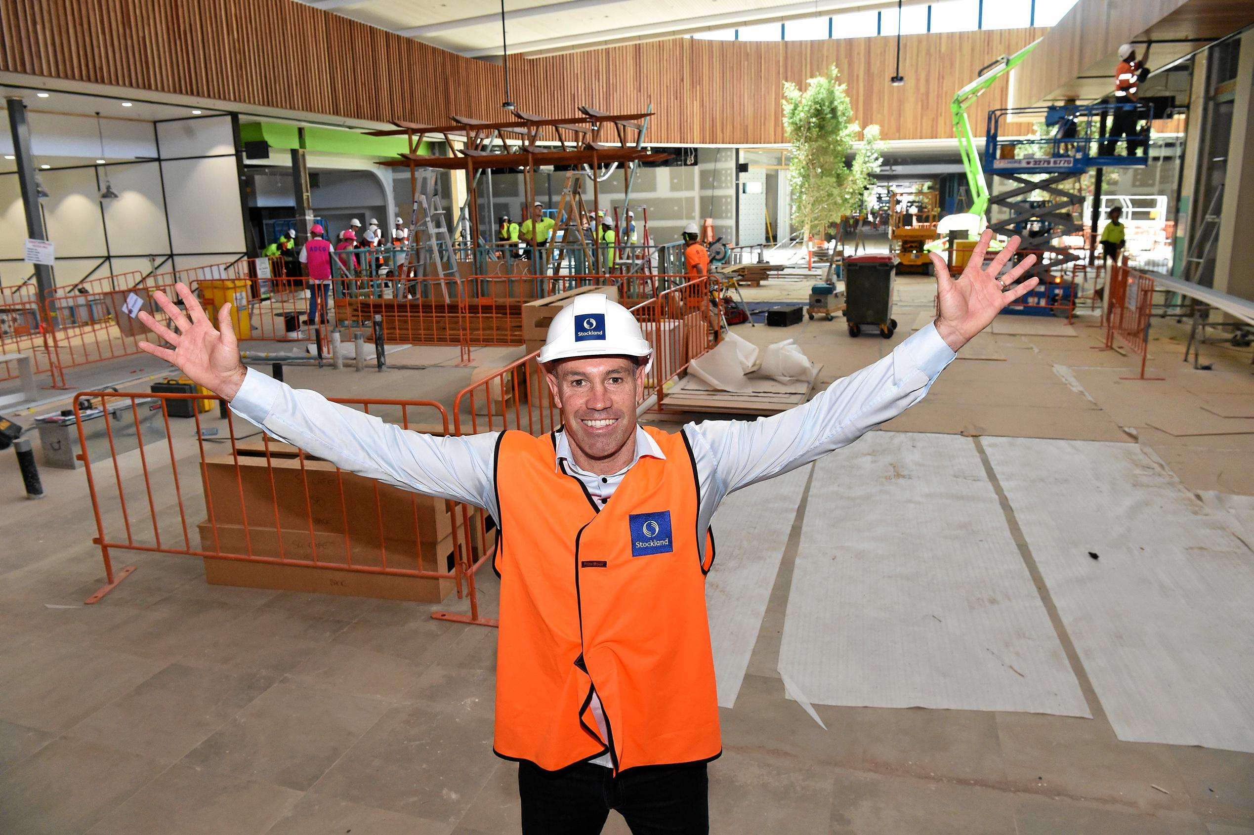 Full steam ahead for the opening of the Stockland Birtinya Shopping Centre. Constuction workers put the final pieces together for the grand opening in a couple of weeks.Stockland manager Shane Monro is excited wit the progess. Picture: Warren Lynam