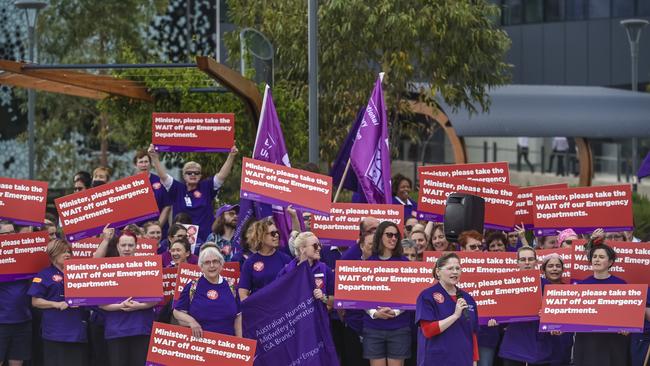 Nurses’ union leader Elizabeth Dabars addresses the nurses industrial action rally at Royal Adelaide Hospital in Adelaide, Monday, October 15, 2018. AAP Image/ Roy Vandervegt