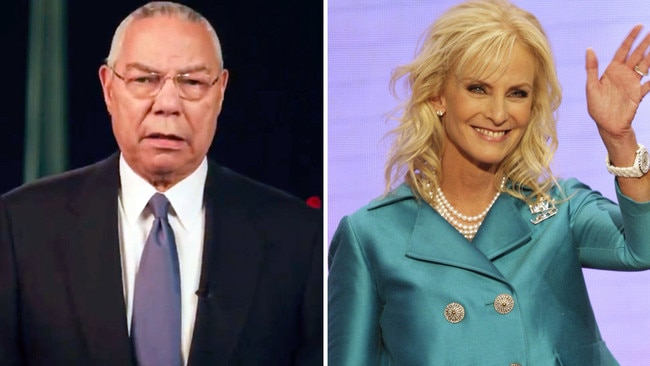 Colin Powell appeared on screen at the Democrats' virtual national convention, while Cindy McCain, widow of the late former Republican presidential candidate John McCain, voiced a video. Picture: AFP/AP