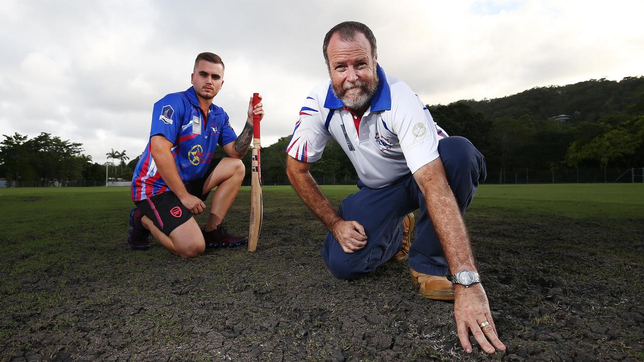 Barron first-grade player Andrew Phelps and groundsman Kevin Tormey inspect damage by trespassers to the pitch. PICTURE: BRENDAN RADKE