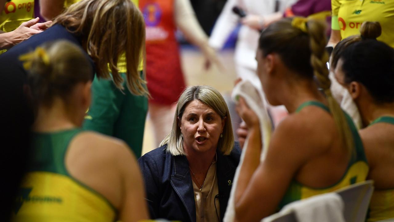 Marinkovich addresses her team during the Netball World Cup final against England in Cape Town. Picture: Getty Images